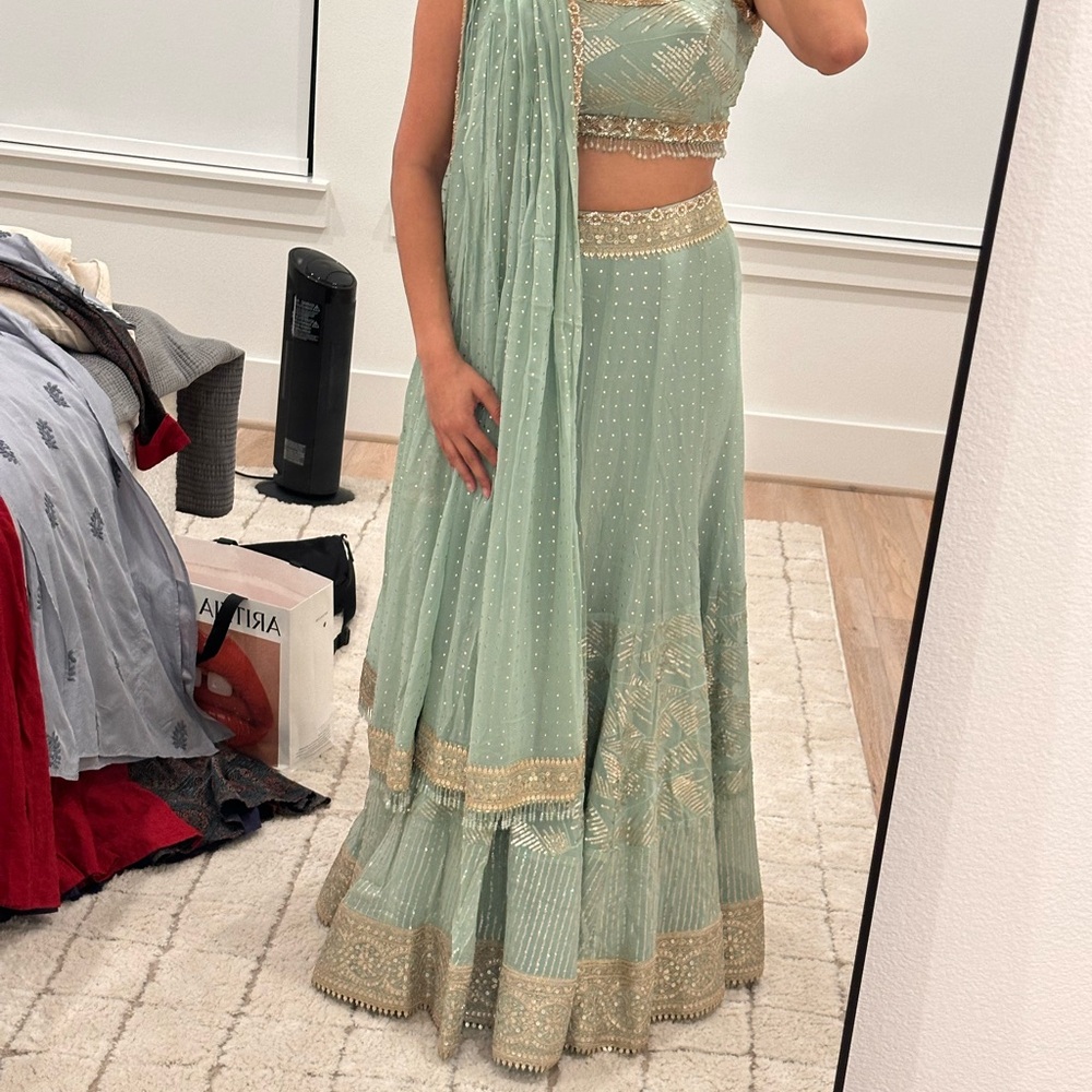 Elegant Mint Green Embroidered Lengha